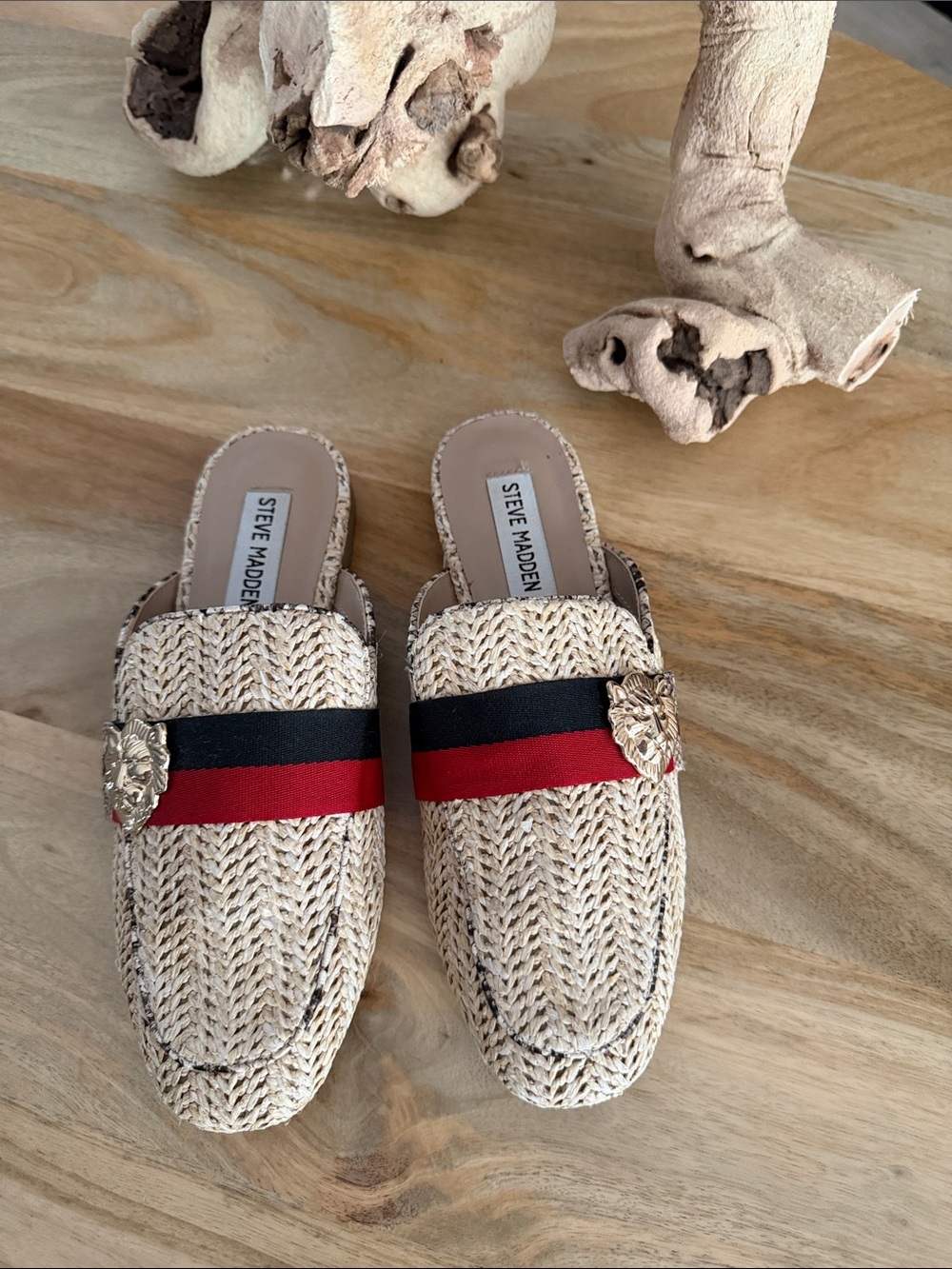Steve Madden Raffia Slip-On Mules with Red & Black Stripe